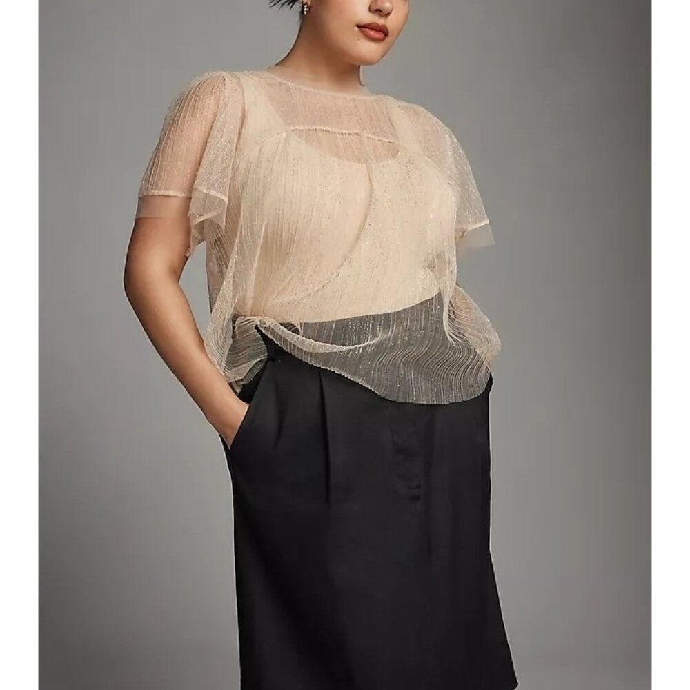 Anthropologie LG Sarah Hann Jody Sheer Top Blouse Neutral Shimmer Holiday NYE